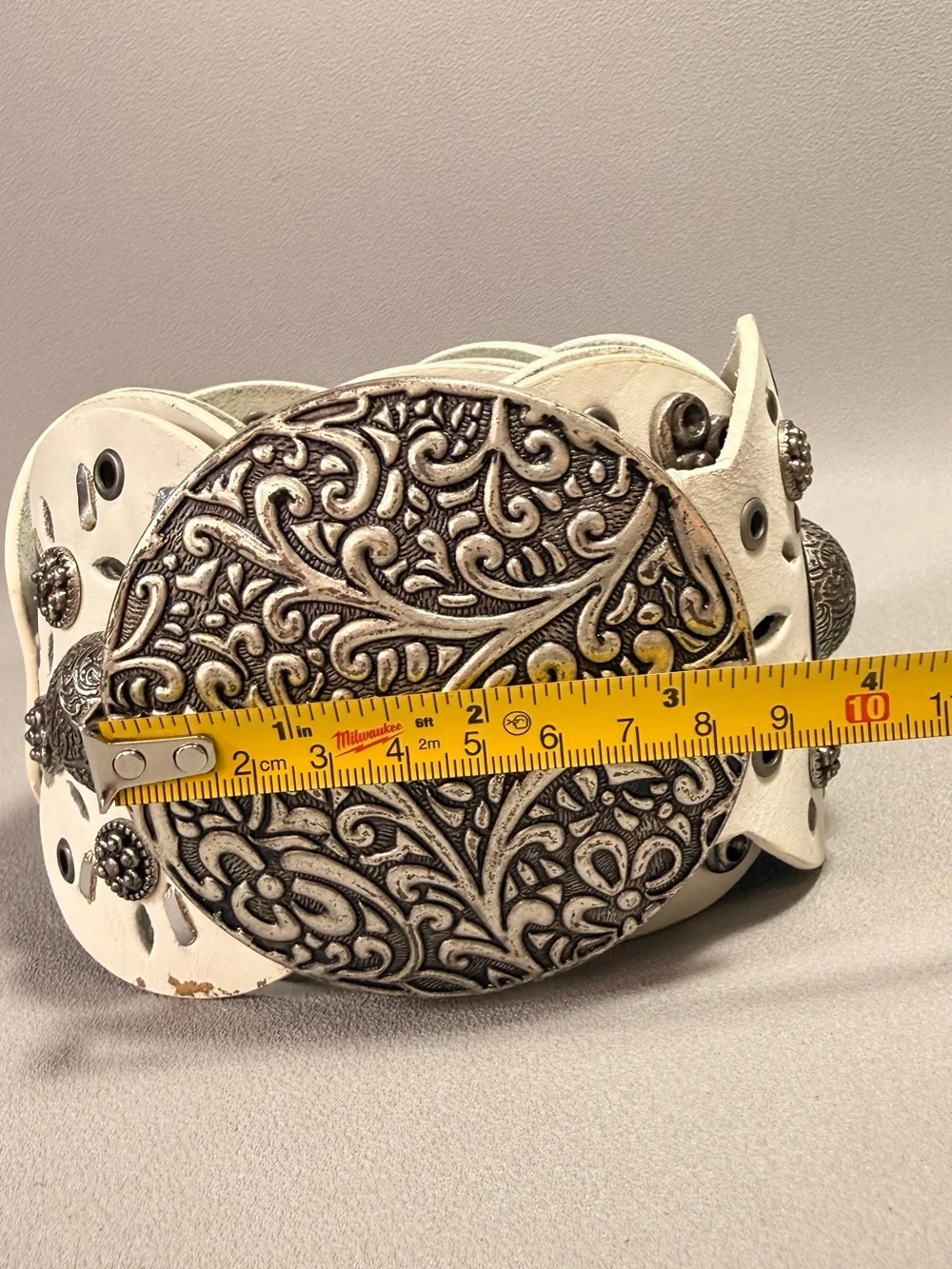Vintage White Leather Wide Decorative Disc Belt with Silver Accents